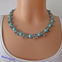 Perlenkette kurz Collier Türkis Perlen synthetisch mit Schmetterling Perlen Kette Statementkette blau silberfarben Bild 7