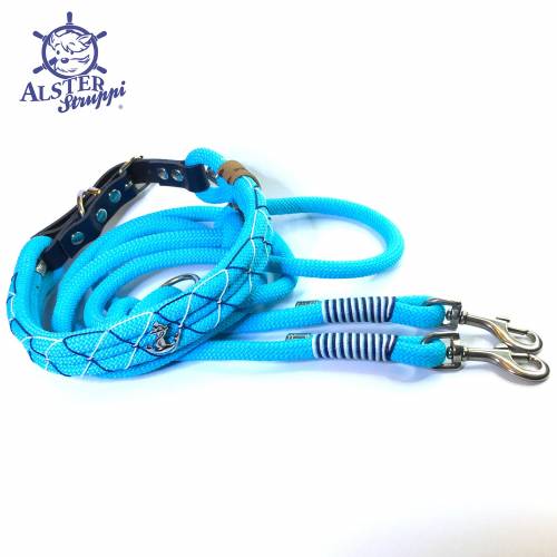 Hundehalsband verstellbar dreifach türkis dunkelblau weiß Fischernetz-Optik mit Edelstahlbeschlägen mit Leder und Schnal