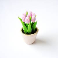 Miniaturen Puppenhaus echter Tontopf mit rosa Tulpen Bild 1