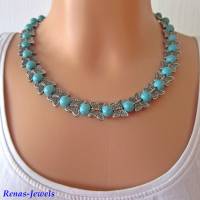 Perlenkette kurz Collier Türkis Perlen synthetisch mit Schmetterling Perlen Kette Statementkette blau silberfarben Bild 1