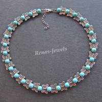 Perlenkette kurz Collier Türkis Perlen synthetisch mit Schmetterling Perlen Kette Statementkette blau silberfarben Bild 3