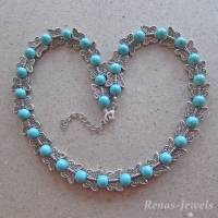 Perlenkette kurz Collier Türkis Perlen synthetisch mit Schmetterling Perlen Kette Statementkette blau silberfarben Bild 6