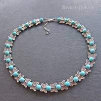 Perlenkette kurz Collier Türkis Perlen synthetisch mit Schmetterling Perlen Kette Statementkette blau silberfarben Bild 7