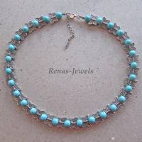 Perlenkette kurz Collier Türkis Perlen synthetisch mit Schmetterling Perlen Kette Statementkette blau silberfarben Bild 8
