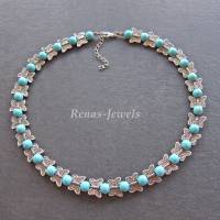 Perlenkette kurz Collier Türkis Perlen synthetisch mit Schmetterling Perlen Kette Statementkette blau silberfarben Bild 9