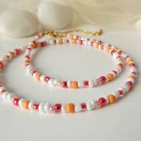 Kurze bunte Perlenkette, Choker, Seedbeads, Miyuki Perlen, Toho Perlen, weiß rot orange, Geschenk Frauen Freundin Bild 1