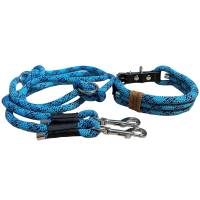 Hundeleine und Halsband Set, beides verstellbar, blau, schwarz, Leder und Schnalle, 10 mm Bild 1
