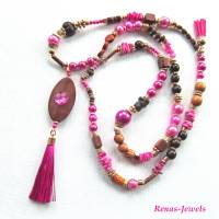 Bettelkette Hippie Ibiza Boho Kette lang Perlenkette pink braun goldfarben mit Quasten Anhänger Handgefertigt Bild 1