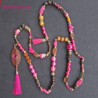 Bettelkette Hippie Ibiza Boho Kette lang Perlenkette pink braun goldfarben mit Quasten Anhänger Handgefertigt Bild 2