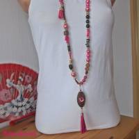 Bettelkette Hippie Ibiza Boho Kette lang Perlenkette pink braun goldfarben mit Quasten Anhänger Handgefertigt Bild 3
