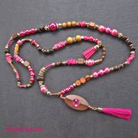 Bettelkette Hippie Ibiza Boho Kette lang Perlenkette pink braun goldfarben mit Quasten Anhänger Handgefertigt Bild 4