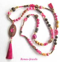 Bettelkette Hippie Ibiza Boho Kette lang Perlenkette pink braun goldfarben mit Quasten Anhänger Handgefertigt Bild 5