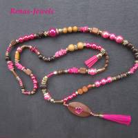 Bettelkette Hippie Ibiza Boho Kette lang Perlenkette pink braun goldfarben mit Quasten Anhänger Handgefertigt Bild 6