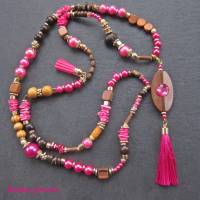 Bettelkette Hippie Ibiza Boho Kette lang Perlenkette pink braun goldfarben mit Quasten Anhänger Handgefertigt Bild 7