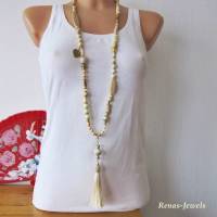 Bettelkette Kette lang beige weiß creme goldfarben mit Quasten Anhänger Perlenkette Bohokette Handgefertigt Bild 3