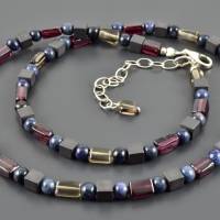 Edelsteinkette mit Dumortierit, Granat, Rauchquarz und Hämatit - Halskette blau rot grau braun zart Geschenk Freundin Bild 2