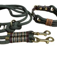 Hundeleine und Halsband Set, beides verstellbar, oliv, braun, gold, Leder und Schnalle, 10 mm Bild 2
