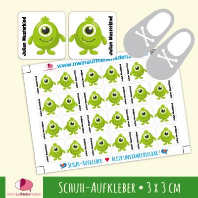 24 Schuhaufkleber | Süßes Monster grün + Schutzfolie - 3 x 3 cm