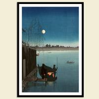 Japanische Kunst - Boot in der Nacht auf dem Fluß -  Kunstdruck Poster  -  Vintage Bild - Holzschnitt Bild 1