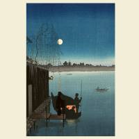 Japanische Kunst - Boot in der Nacht auf dem Fluß -  Kunstdruck Poster  -  Vintage Bild - Holzschnitt Bild 3