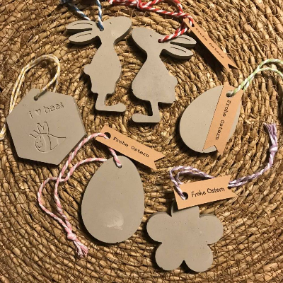 Hübsche Anhänger aus Beton, Motive für Ostern, grau, 6er Set