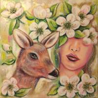 Secrets of spring forest - Gemälde mit Kirschblüten, Portrait und Reh auf Leinwand 50cmx50cmx3,7cm Bild 1