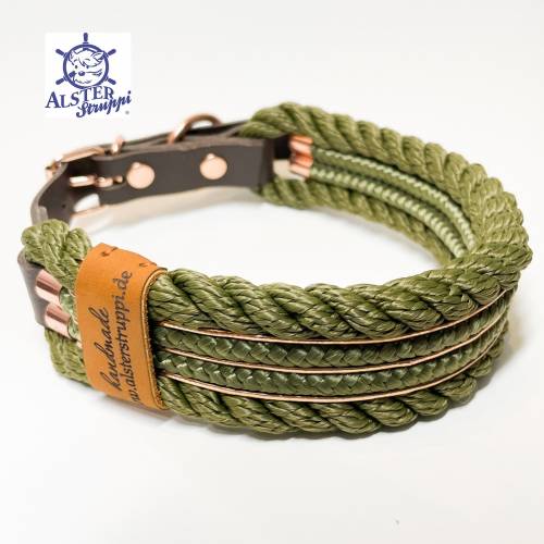 Hundehalsband, Tauhalsband, gedrehtes Tau, oliv, 4 fach, breit, verstellbar mit Schnalle und Leder