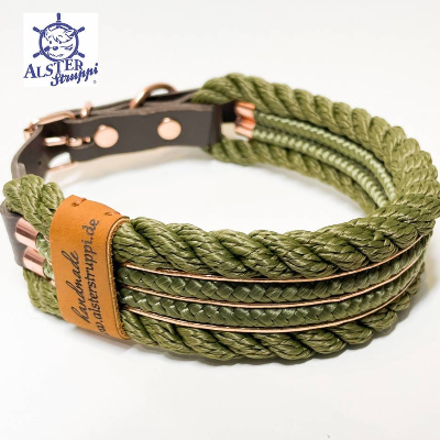 Hundehalsband, Tauhalsband, gedrehtes Tau, oliv, 4 fach, breit, verstellbar mit Schnalle und Leder
