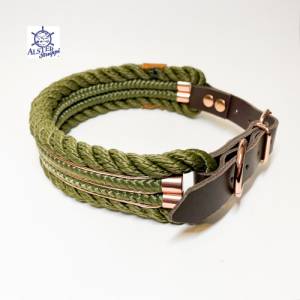 Hundehalsband, Tauhalsband, gedrehtes Tau, oliv, 4 fach, breit, verstellbar mit Schnalle und Leder Bild 3