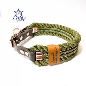 Hundehalsband, Tauhalsband, gedrehtes Tau, oliv, 4 fach, breit, verstellbar mit Schnalle und Leder Bild 4