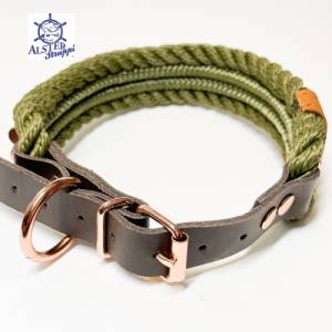 Hundehalsband, Tauhalsband, gedrehtes Tau, oliv, 4 fach, breit, verstellbar mit Schnalle und Leder Bild 5