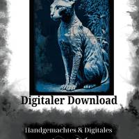 Digitaler Download Motiv "Sphynx Katze Cyanotypie" Sublimation png 300dpi Kunstdruck blau cyan Bild 2
