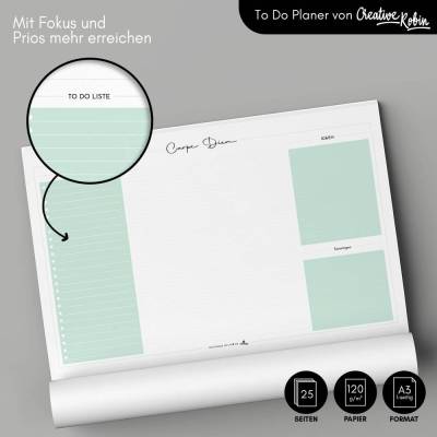Schreibtischunterlage aus Papier mit To-Do Liste I A3 mit 25 Blatt minzgrün I CreativeRobin