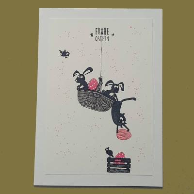 Osterkarte, gestempelt, cremefarben, cats on appletrees, Karte mit Umschlag, Klappkarte