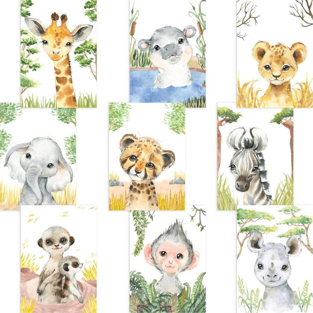 9er Poster Set mit fürs Kinderzimmer Löwe, Afrikas Tieren I