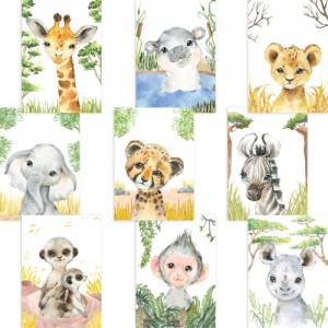 9er Poster Set mit Tieren Afrikas fürs Kinderzimmer I Löwe, Giraffe, Affe, Zebra uvm. als süße Babyzimmer Deko Bild 1