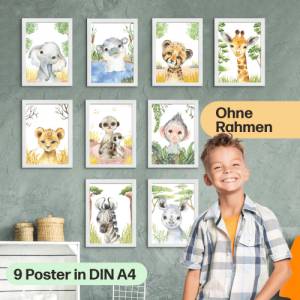 9er Poster Set mit Tieren Afrikas fürs Kinderzimmer I Löwe, Giraffe, Affe, Zebra uvm. als süße Babyzimmer Deko Bild 2