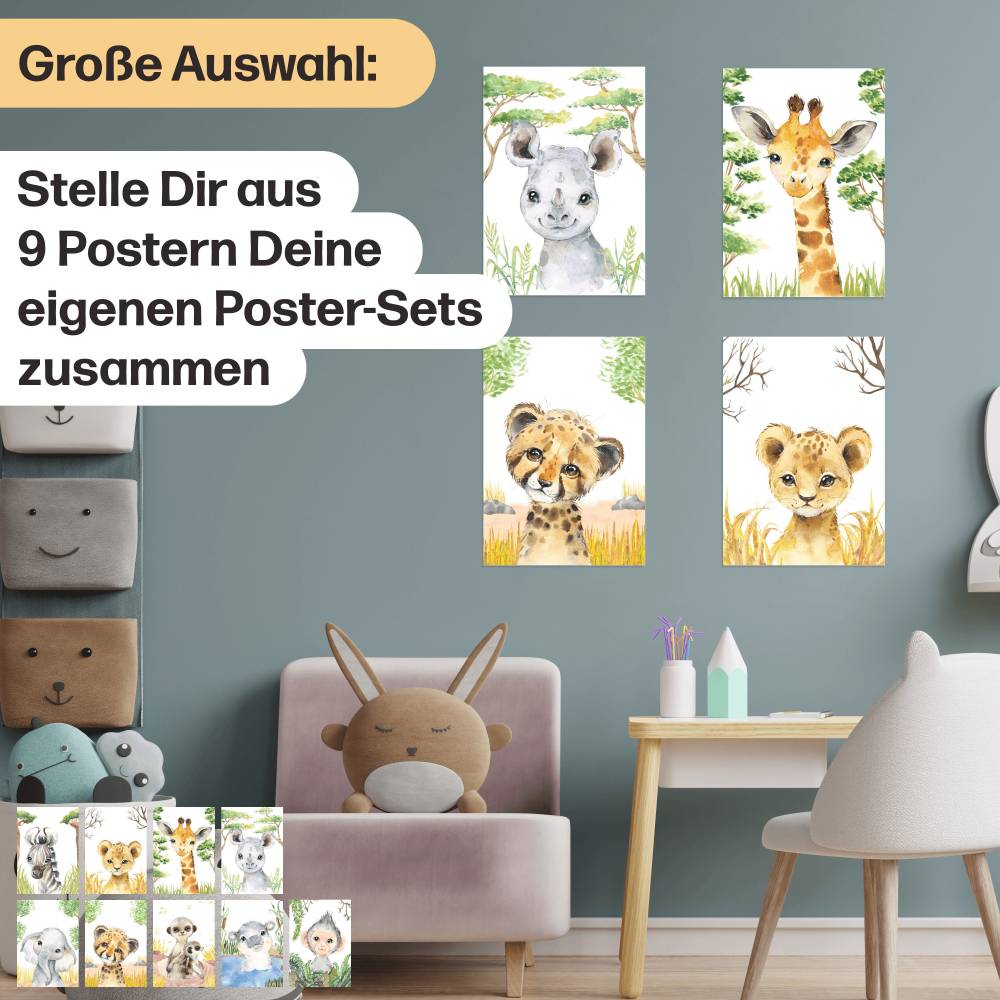 9er Poster Set mit Tieren Afrikas fürs Kinderzimmer I Löwe,
