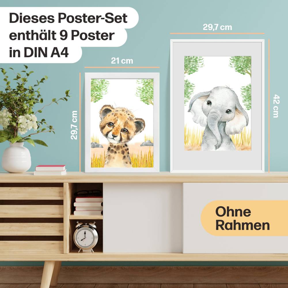 9er Poster Set mit Tieren Afrikas fürs Kinderzimmer I Löwe,