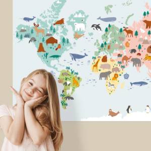 Weltkarte mit süßen Tiermotiven für Kinderzimmer, Kindergarten & Grundschule | A1 Größe | CreativeRobin Bild 2