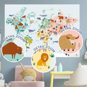 Weltkarte mit süßen Tiermotiven für Kinderzimmer, Kindergarten & Grundschule | A1 Größe | CreativeRobin Bild 3