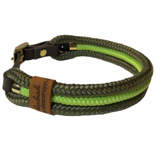 Hundehalsband aus Tau, alle Größen, verstellbar, oliv und hellgrün, Verschluss mit Leder und Schnalle