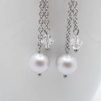 Lange Ohrringe Hellgrau Perlen und Swarovski Kristallen Bild 2