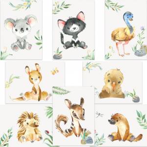 8er Australien Tier Poster-Set fürs Kinderzimmer I Schöne Babyzimmer Deko I A4 Größe I ohne Rahmen I CreativeRobin Bild 1