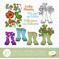 Digistampset Gummistiefel mit Blumen, Grafik Kapuzinerkresse, Bild Stiefel, Blüten, Blätter Bild 1