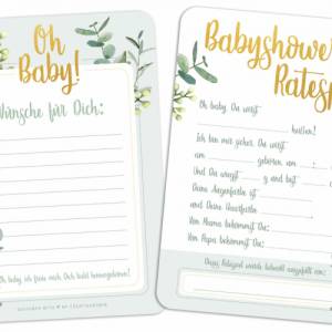 Schönes Babyparty Spiel mit Baby Quiz • Eukalyptus • 25 Karten für Junge & Mädchen • Ideales Babyshower Geschenk Bild 1