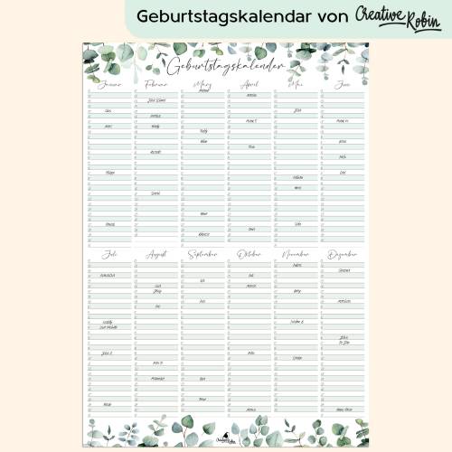 Geburtstagskalender immerwährend Eukalyptus I Jahresunabhängiger Wandkalender I DIN A3 Dauerkalender I CreativeRobin