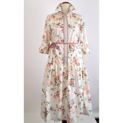 Damen Hemdblusenkleid| Rosen Muster in Woll/Weiß |