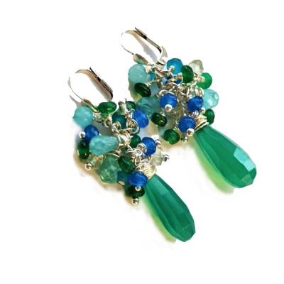 Ohrringe Traube Onyx grün mit Aquamarin blau facettiert Quarz grünblau cluster Silber
