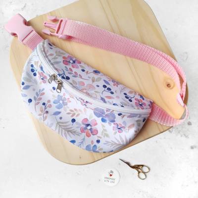 Kinder Bauchtasche klein mit Aquarell Blumen rosa-weiß für Mädchen